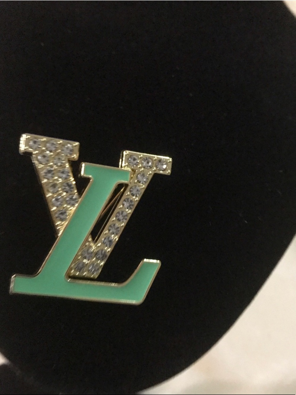 Fashion Jewelry Mint Green & Gold Crystal LV Logo Brooch